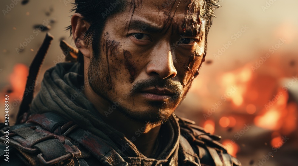 A samurai standing on a battlefield during the Sengoku period. A samurai standing on a battlefield during the Sengoku period.