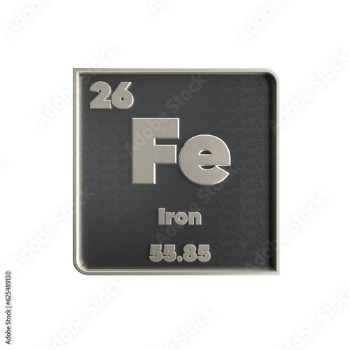 iron chemical element black and metal icon with atomic mass and atomic number. 3d render illustration. 
