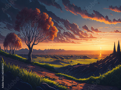 Beautiful spring landscape drawing. Sunset sky and trees background. generative AI