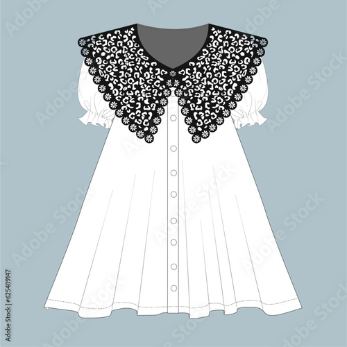 short dress design vector. front view technical trim flat sketch template. women blouse with vintage lace cotton fashion cad. eyelet embroidery decorative ornament cotton collar lace detail.