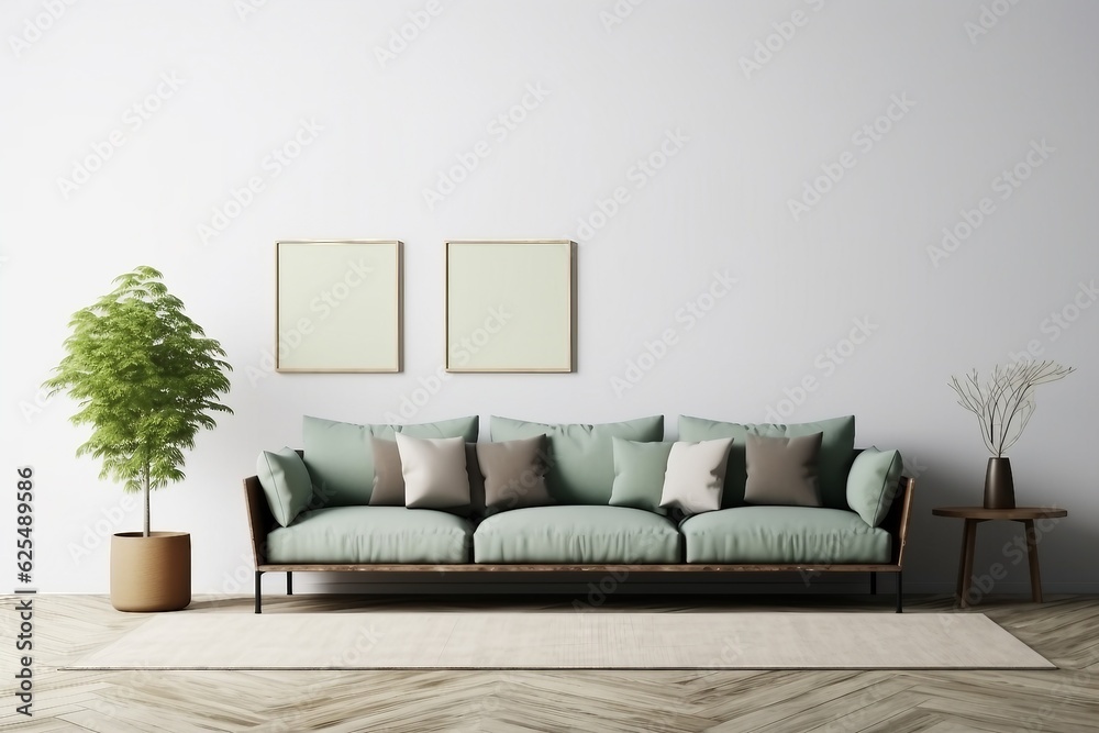 contemporary interior design for 3 poster frames in living room mock up with green couch, wooden pot and floor lamp
