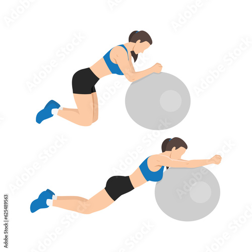 Woman doing Stability or Swiss Ball Rollout exercise, Woman workout fitness. Flat vector illustration isolated on white background