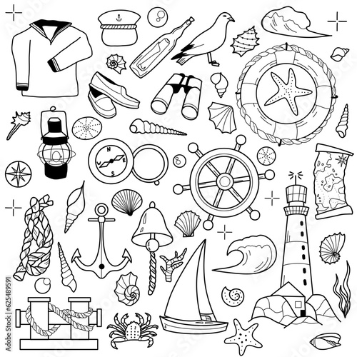 contour drawings, set of elements of sea travel, cruise, lighthouse, sail, anchor, lifebuoy
