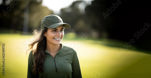 Golfer player portrait, elegant woman in green golf course