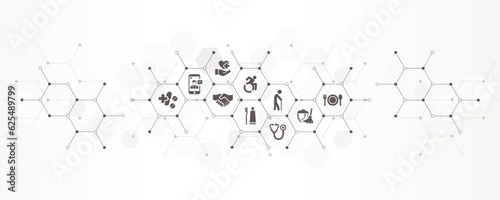 care banner with the website icons and symbol of help, domestic, nurse care and disabled persons vector illustration with technology background