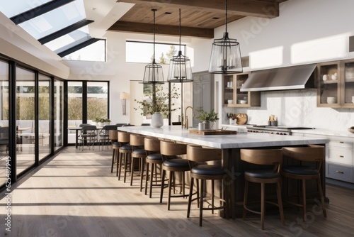 The kitchen and dining area of this modern farmhouse interior are tastefully designed with an elegant touch. The space features a beautiful white marble bar, complemented by charcoal grey chairs, bar