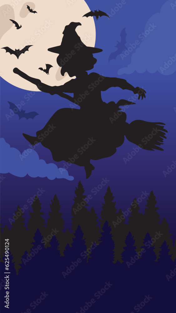 Fototapeta premium Witch and bats flying in front of full moon cartoon vector illustration.