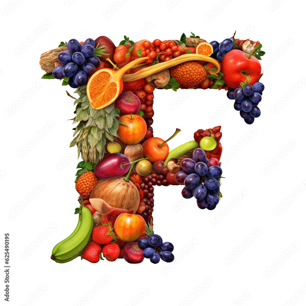 Alphabet or letter f from fresh vegetables and fruits
