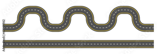 Road, highway design. Asphalt winding and straight roads. Modern path way background. Vector illustration.