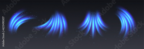 Cold air flow effect, fresh breeze, winter freezing wind, blue light trails with sparkles. Glowing motion effect. Abstract luminescent curves. Vector decoration.
