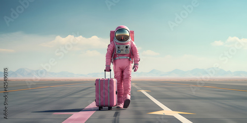 Fototapeta Naklejka Na Ścianę i Meble -  Astronaut in pink space suit with travel suitcase going along the runway for flight at the airport or spaceport, banner with copy space, generated ai