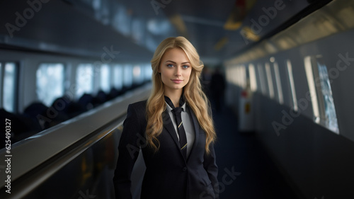 Hübsche blonde Flugbegleiterin mit schicken Anzug im Flugzeug Raum mit sitzen, ai generativ