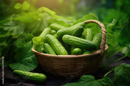 Wicker basket full of cucumbers on green leaves background