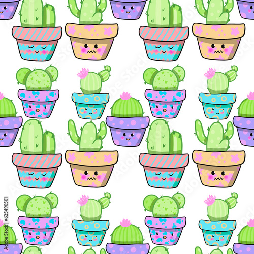 seamless pattern with flowers. With cute cacti in colorful pots