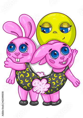 Two pink hares in black swimsuits dance against the background of the full moon on a white background