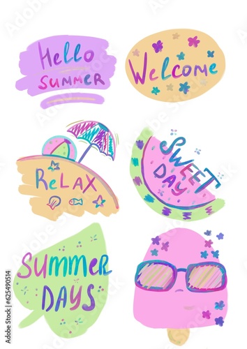 Summer bright set of stickers with inscriptions on a white background