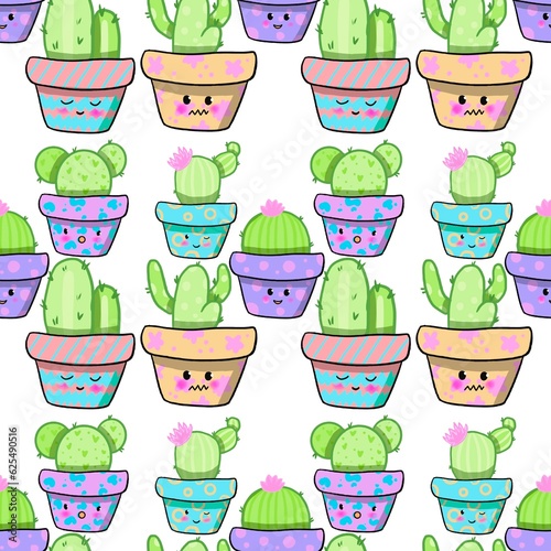seamless pattern with flowers and leaves.  With cute cacti in colorful pots