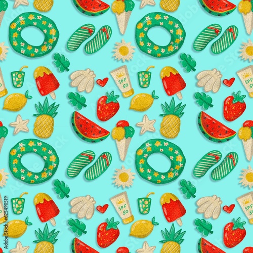 Summer pattern on a turquoise background. From rye things necessary for summer holidays, a set for swimming and refreshing sweets