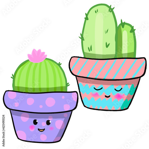 illustration of a cactus. Pots with cute faces