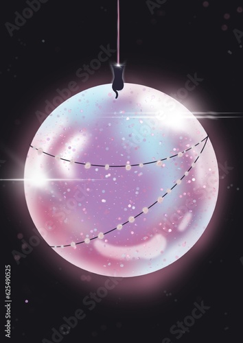 A large luminous ball with bright lights on which the cat sits, everything is on a black background