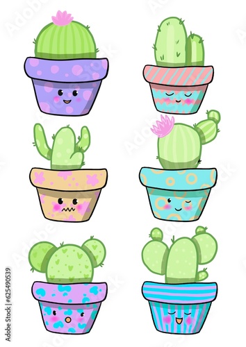 Illustration with different cute cacti in beautiful pots