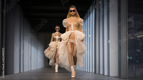 Hübsche blonde Model Frau in futuristischen weißen Lack Outfit im Tunnel mit vielen LED Lichter beim Catwalk, ai generativ photo