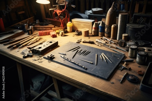 Supplies for fixing things, such as tools placed on a table and board.