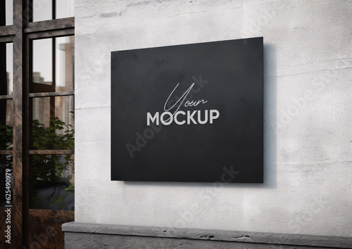 Black square signboard mockup in outside for logo design, brand presentation for companies, ad, advertising, shops.