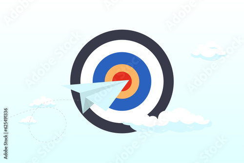 Paper plane origami flying through dartboard or archer bullseye target, business goal or target, challenge or improvement to achieve success, win business competition or motivation concept (Vector)