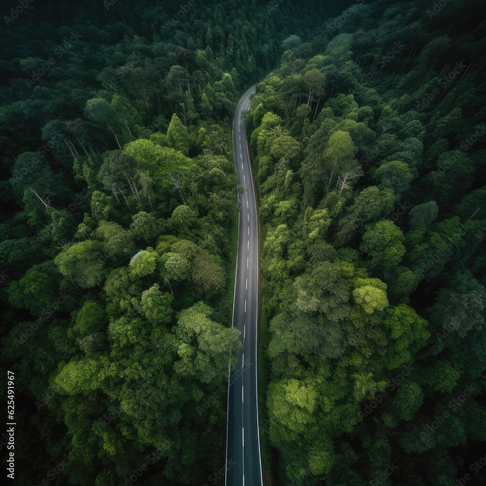 Aerial top drone view over green healthy forest with straight road. Generative Ai.