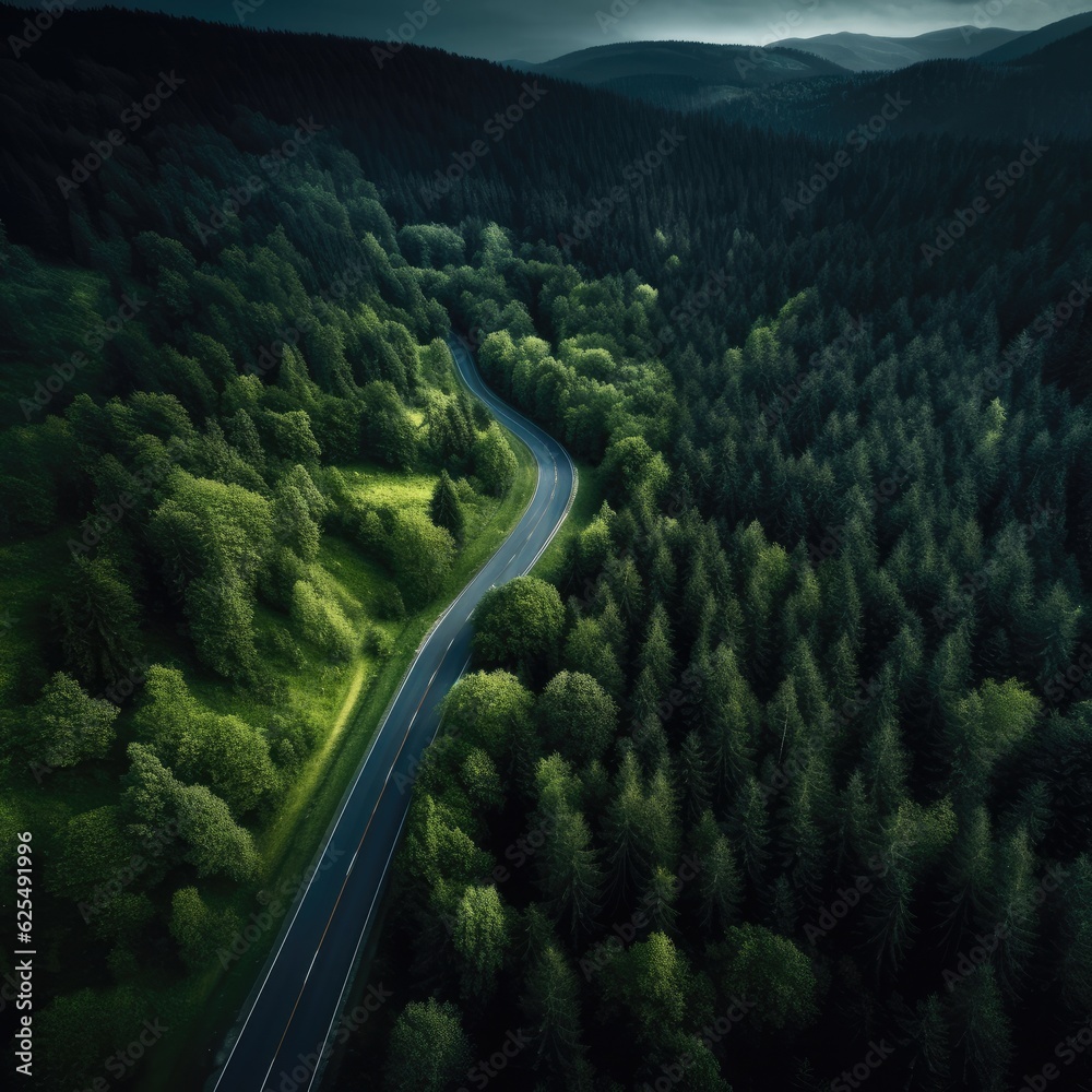 Aerial top drone view over green healthy forest with curvy road and red car. Generative Ai. Aerial top drone view over green healthy forest with curvy road and red car. Generative Ai.