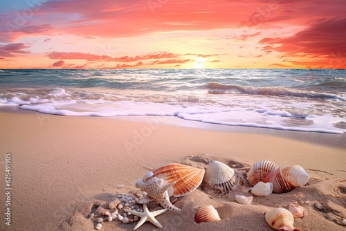 Tranquil Coastal Serenity: Serene Sunset Over a Sandy Beach with Gentle Waves, Seashells, and a Beach Background, generative AI