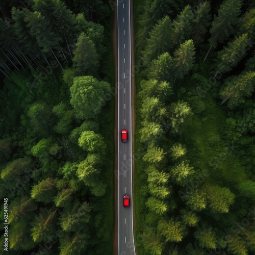 Aerial top drone view over green healthy forest with straight road and red car. Generative Ai.
