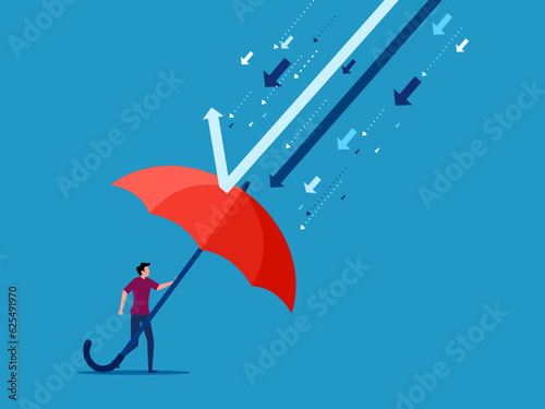 Prevent or control crises. man protects himself with big umbrella from arrows vector