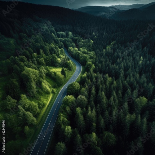 Aerial top drone view over green healthy forest with curvy road and red car. Generative Ai.
