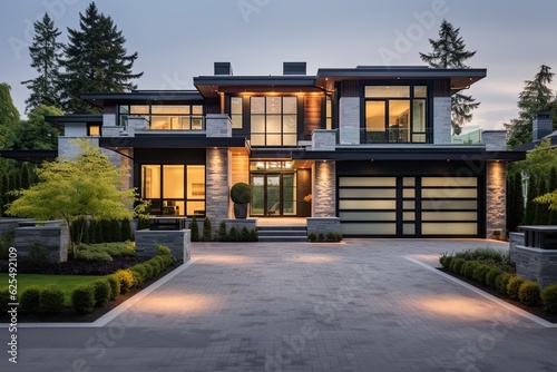A spacious, high end residence with a meticulously designed front yard and driveway leading to the garage, located in the suburban area of Vancouver, Canada. © 2rogan