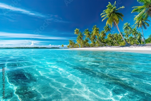 Crystal Clear Turquoise Waters: Discover a Serene Tropical Paradise with Swaying Palm Trees on a Beach Background, generative AI