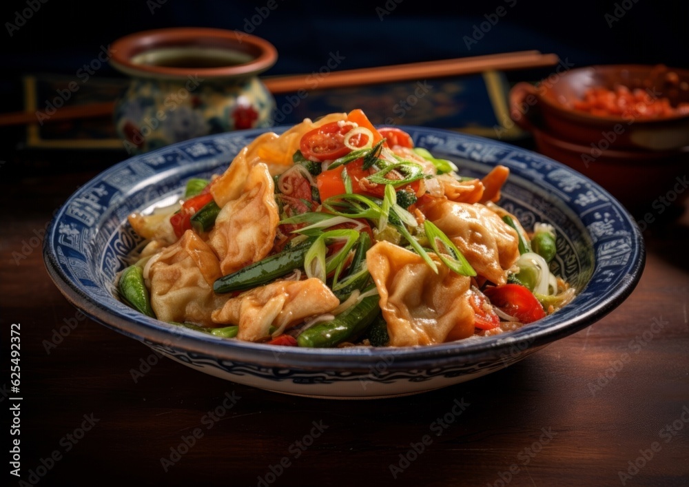 Fried Wontons stir fried with vegetables and served on a blue porcelain plate Fried Wontons stir fried with vegetables and served on a blue porcelain plate
