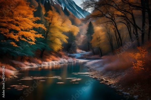 autumn forest in the morning generated by AI technology