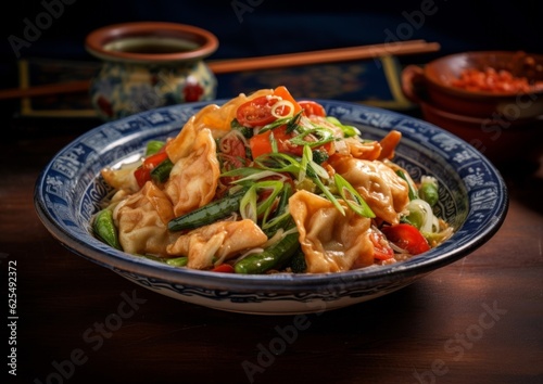 Fried Wontons stir fried with vegetables and served on a blue porcelain plate