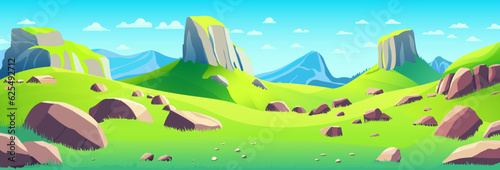Fototapeta Naklejka Na Ścianę i Meble -  Green meadows and road in mountain valley. Vector cartoon illustration of nature panorama, summer landscape of fields with grass, stones, path and white rocks on horizon. Beautiful nature scenery