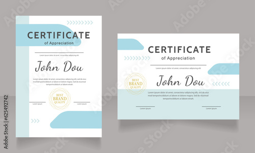 Fototapeta Naklejka Na Ścianę i Meble -  Appreciation certificate design template set. Vector diploma with customized copyspace and borders. Printable document for awards and recognition. Kanit, Cabin, Dancing Script Bold, Regular fonts used