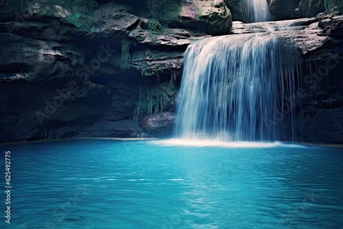 Natural Wonder: Majestic Waterfall Cascading into Turquoise Pool on Blue Background, generative AI