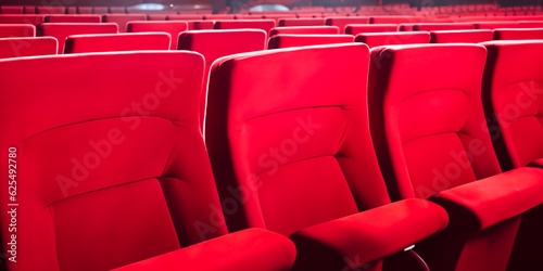 Seats and armchairs in the cinema and theater stalls. Attend a show and show. Empty chairs, audience seats. AI generative.
