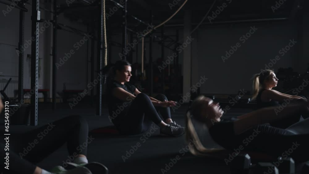 Group Fitness Class, Women Training In Gym, Doing Exercises For Abs On Floor, Workout For Health