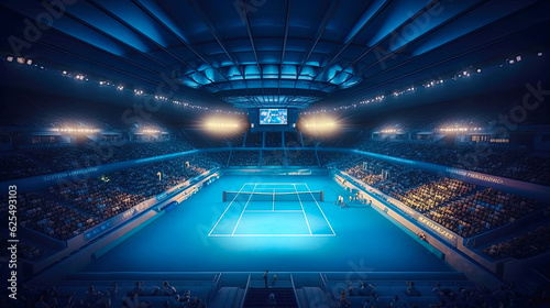  Modern tennis stadium with blue court. Postproducted generative AI illustration.