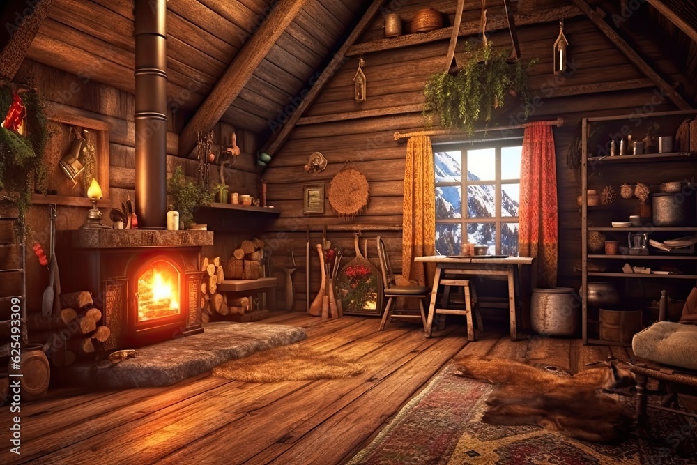 Cozy Mountain Retreat: Rustic Cabin Interior with Warm Wooden Accents and Fireplace, generative AI Cozy Mountain Retreat: Rustic Cabin Interior with Warm Wooden Accents and Fireplace, generative AI