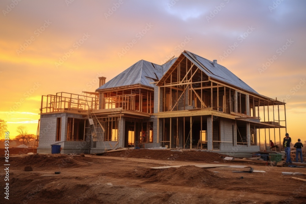 A newly built home that is still in the process of being constructed. A newly built home that is still in the process of being constructed.