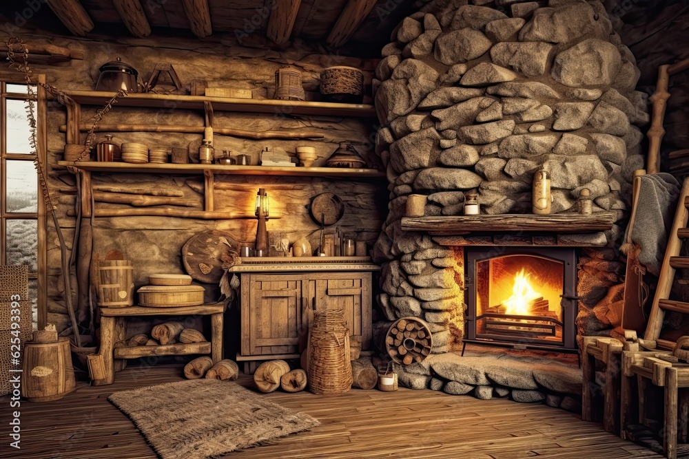 Cozy Mountain Retreat: Rustic Cabin Interior with Fireplace and Warm Wooden Accents, generative AI Cozy Mountain Retreat: Rustic Cabin Interior with Fireplace and Warm Wooden Accents, generative AI