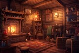 Cozy Retreat: Warm and Invited Cabin with a Crackling Fireplace and Cozy Blankets, generative AI